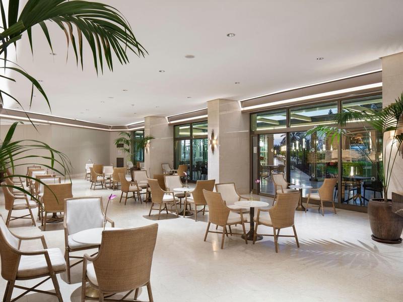 Hell eingerichteter, moderner Cafébereich mit Stühlen und Tischen, großen Fenstern und Pflanzen.