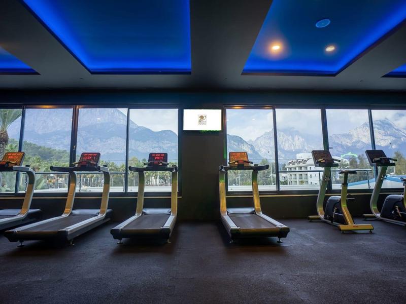 Fitnessraum mit sechs Laufbändern vor großen Fenstern und blau beleuchtetem Deckengewölbe.