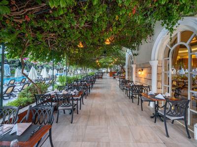 Terrasse de restaurant couverte avec arbres ombrageants, tables et chaises.