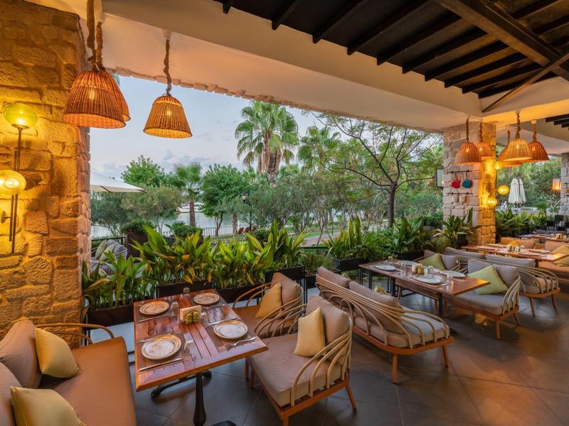 Terrasse extérieure confortable avec mobilier en bois donnant sur un jardin avec des palmiers.
