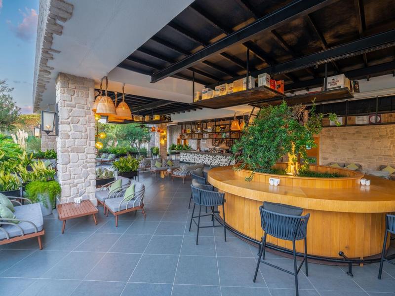 Bar d'hôtel moderne avec comptoir en bois rond, plantes et sièges confortables.