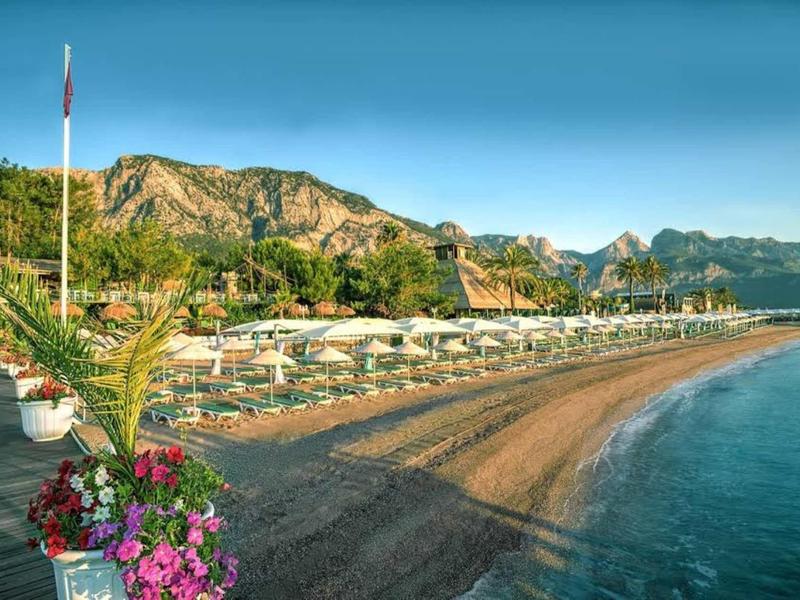 Plage avec transats et parasols le long d'une côte montagneuse sous un ciel clair.