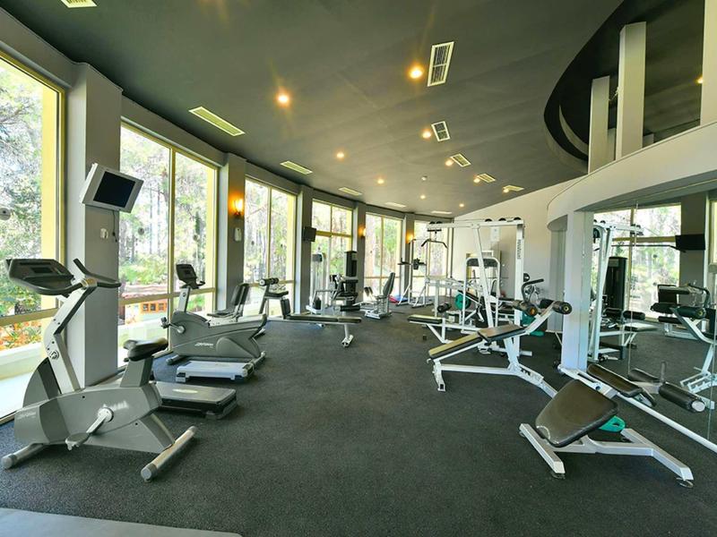 Salle de sport moderne avec équipements d'entraînement et grandes fenêtres donnant sur la verdure.