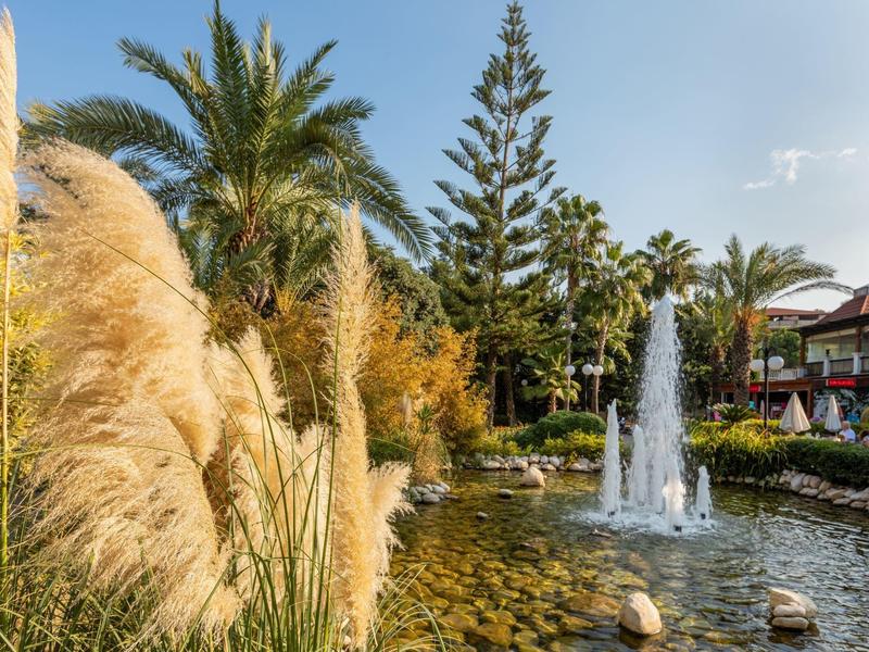 Ein Hotelgarten mit einem Springbrunnen, Palmen und dekorativem Schilf bei sonnigem Wetter.