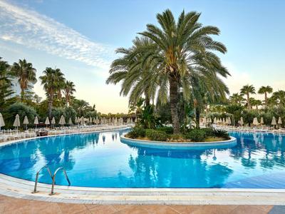 Großer runder Pool mit Palmeninsel und Sonnenliegen unter blauem Himmel.