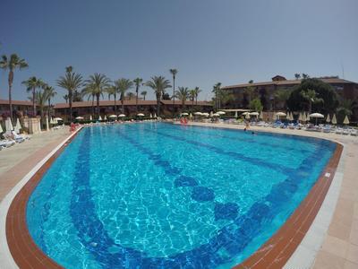 Großer Swimmingpool mit klarem blauem Wasser umgeben von Liegestühlen und Palmen bei sonnigem Himmel.