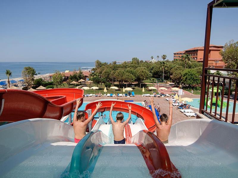 Drei Personen rutschen gleichzeitig eine bunte Wasserrutsche, am Strand und Palmen im Hintergrund.