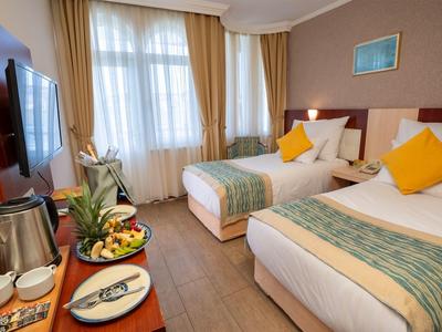 Hotelzimmer mit zwei Einzelbetten, gelben Kissen, Fernseher, Obstteller und großem Fenster mit Vorhängen.