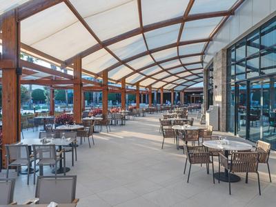 Überdachte Außenterrasse mit Tischen und Stühlen aus Metall und Holz bei Tageslicht.