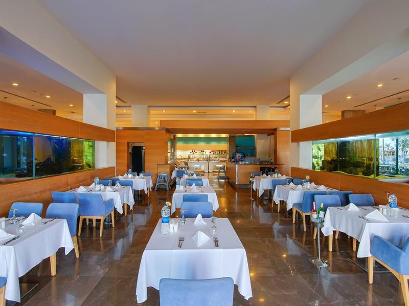 Modernes Restaurant mit blauen Tischdecken, Holzboden und großen Fenstern an den Seiten.