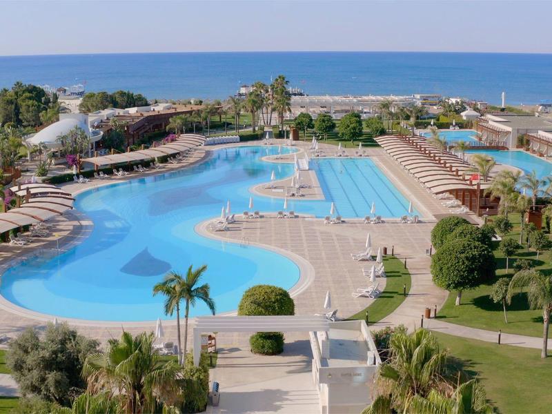 Großer Hotelpool mit Palmen, Liegestühlen und Blick auf das blaue Meer im Hintergrund.
