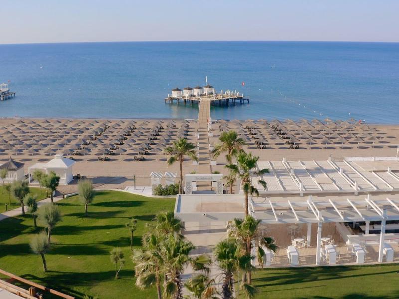 Strand mit Reihen von Sonnenschirmen, Palmen und einem Steg ins blaue Meer an einem sonnigen Tag.