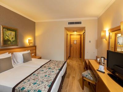 Camera d'hotel accogliente con letto matrimoniale, scrivania, TV e illuminazione calda.