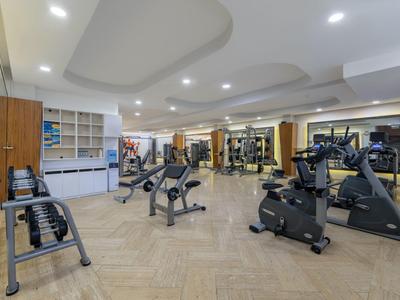 Moderne Hotelfitness mit Trainingsgeräten und hellem Parkettboden.