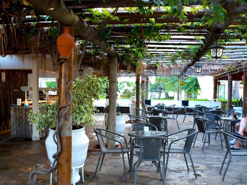 Terrazza coperta con vigneti, tavoli e sedie in metallo su pavimento in pietra