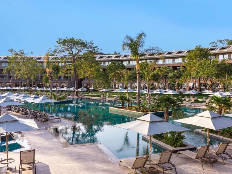 Piscina del hotel con tumbonas, sombrillas y vegetación tropical en un día soleado.