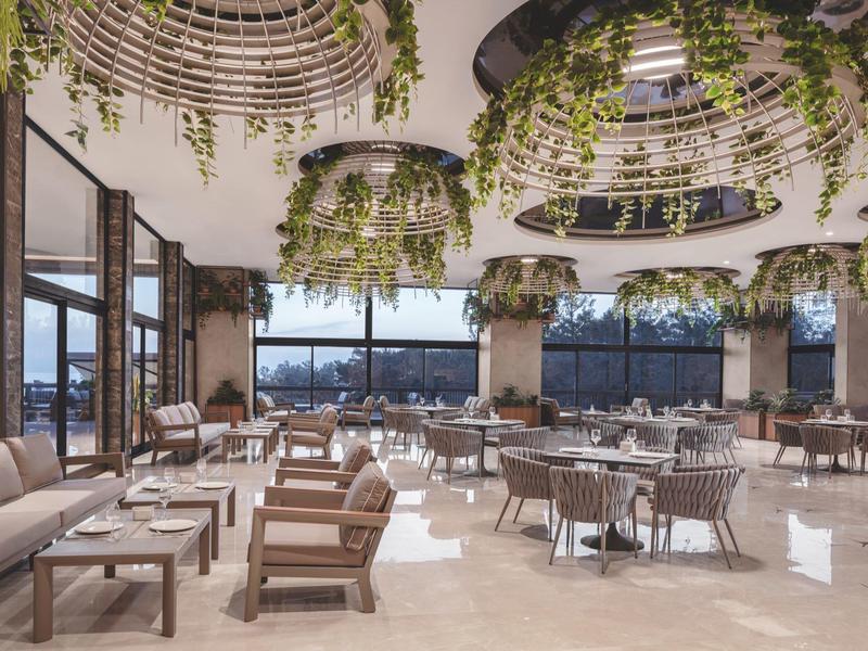 Restaurante elegante con grandes ventanales, plantas colgantes y mobiliario moderno.