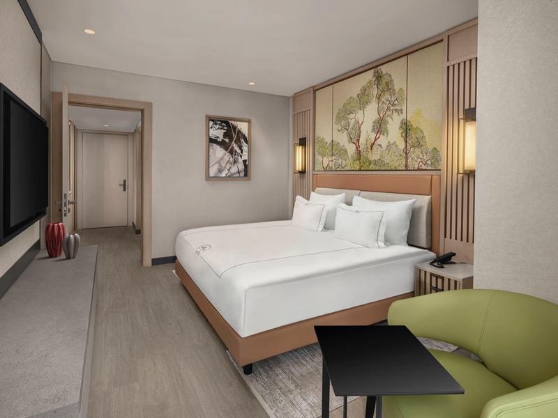 Habitación de hotel moderna con cama grande, sillón, televisor de pantalla plana y arte decorativo en la pared.