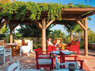 Sunny terrace lounge with red and white chairs under a pergola with green plants.