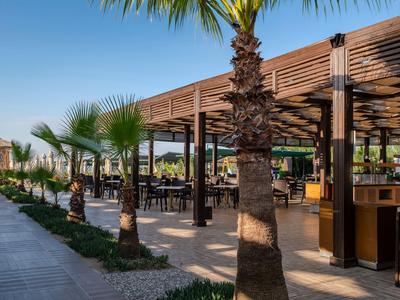 Geschäftiger Außenbereich eines Hotels mit Palmen, Sitzgelegenheiten und Holzpergola bei Tageslicht.