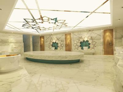 Lussuosa hall d'hotel con pavimento in marmo, soffitto artistico e sedute moderne.