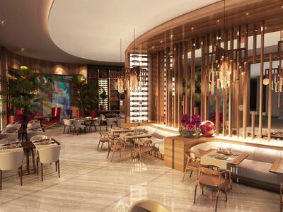 Elegante hall dell'hotel con pavimento in marmo, sedute eleganti e arredamento moderno in legno.