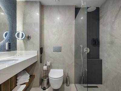 Světelná moderní koupelna s toaletou, umyvadlem, zrcadlem a sprchou walk-in.