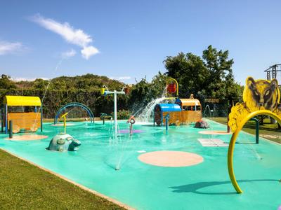 Colorful outdoor pool area with water features beside green lawns and trees under clear sky.