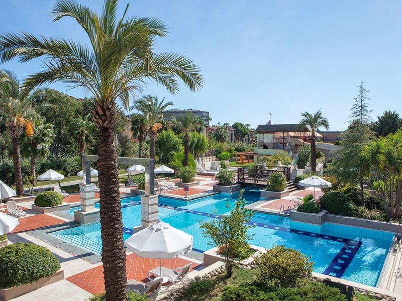 Piscina dell'hotel con palme, ombrelloni e lettini in un giardino soleggiato