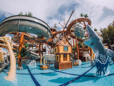 Bunter Wasserpark mit Rutschen, einem Hai-Modell und einer kleinen Holzhütte im blauen Pool.