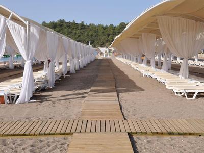 Plage avec des rangées de chaises longues blanches et de tonnelles sous un ciel bleu.