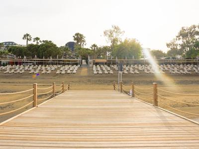 Una passerella in legno assolata conduce a lettini sulla spiaggia con palme sullo sfondo.