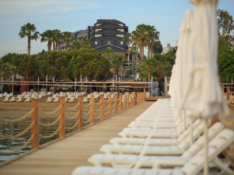 Ampio pontile con lettini bianchi e ombrelloni sulla spiaggia, palme sullo sfondo.