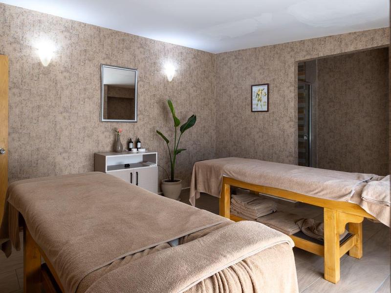 Lichte behandelkamer met twee massagetafels, planten en warme aardetinten.