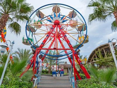 Ruota panoramica colorata in un parco tropicale con palme e cielo nuvoloso.
