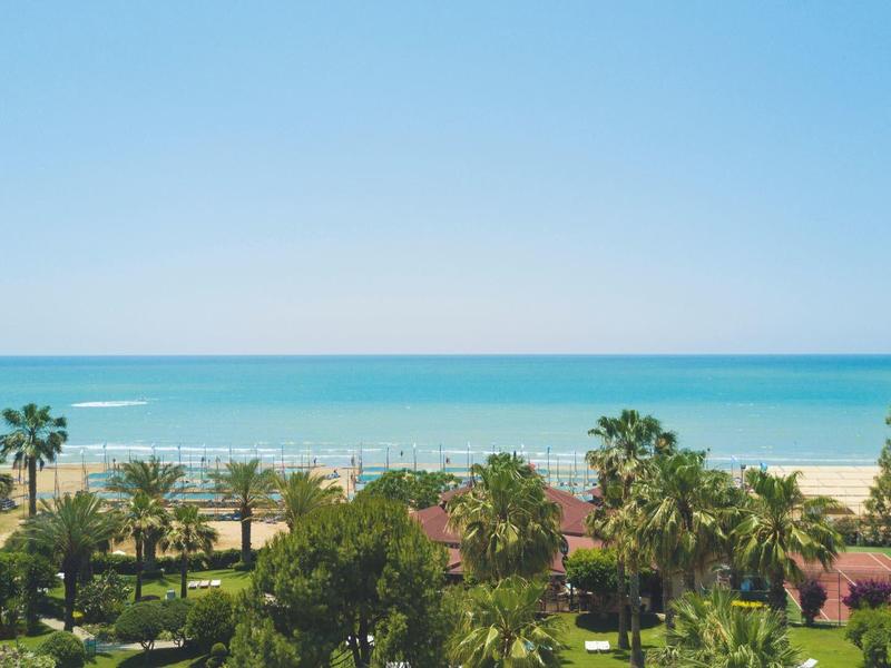 Costa con spiaggia sabbiosa, palme e cielo azzurro limpido sul mare.