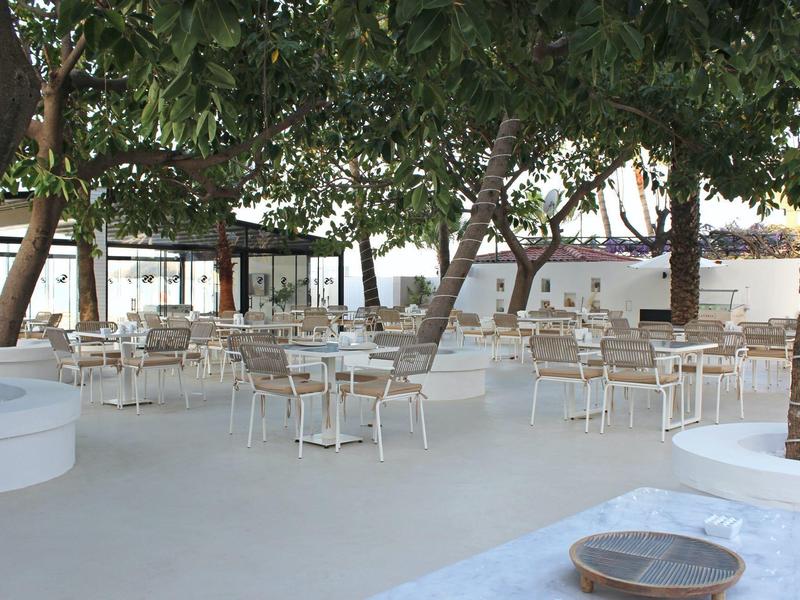 Area pranzo all'aperto con tavoli e sedie bianchi sotto grandi alberi