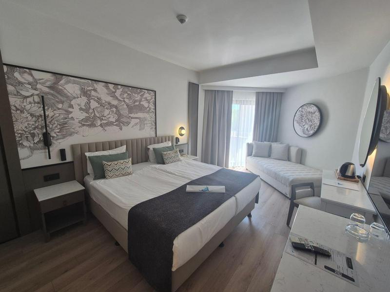 Modern hotel room with double bed, sofa, desk, and large window with curtains.