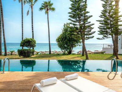 Piscina al aire libre junto al mar con palmeras y tumbonas en un hotel tropical.