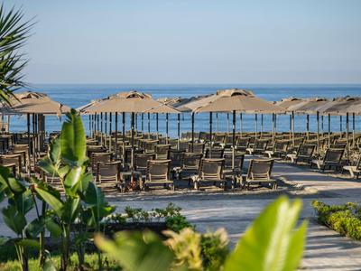 Transats et parasols vides sur la plage de sable avec vue sur la mer bleue calme sous un ciel clair.