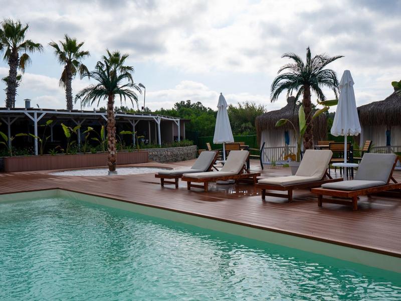 Bazénová oblast s lehátky a slunečníky, obklopená palmami a krytou terasou.