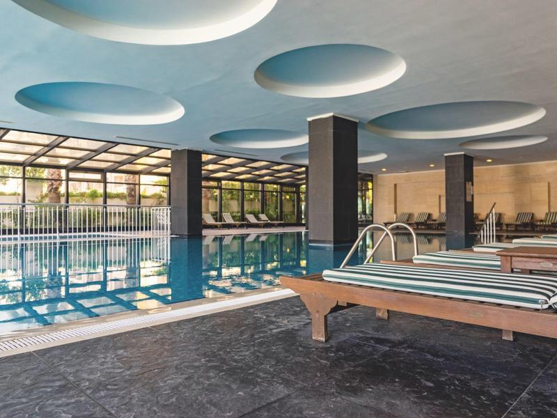 Piscina coperta moderna con area lounge, grandi finestre e aperture circolari sul soffitto.