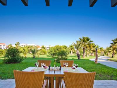 Terrasse mit Tisch und Stühlen, im Hintergrund grüner Garten und blauer Himmel.