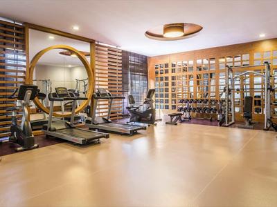 Großer Fitnessraum mit Holzverkleidung, Spiegelwand, Hanteln und modernen Trainingsgeräten.