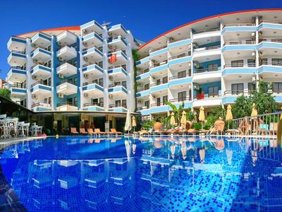 Hotel met grote balkons en een groot blauw zwembad op de voorgrond