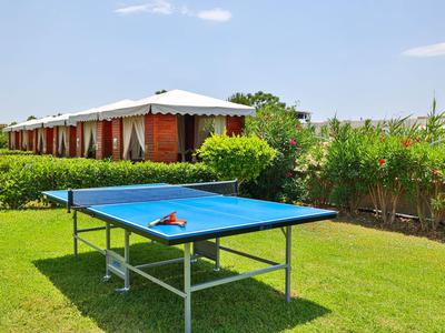 Un tavolo da ping-pong su un prato all'aperto davanti a una fila di alloggi con tetti bianchi.
