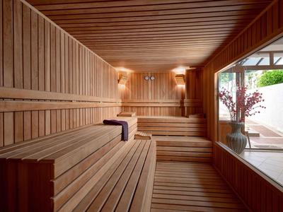 Innenansicht einer Holzsauna mit mehrstufigen Sitzbänken und Blick auf einen gemütlichen Außenbereich.