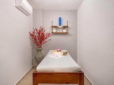 Kleines Behandlungszimmer mit Massageliege, Wandregal und Vase mit roten Blumen.
