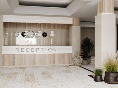 Moderner Hotel-Empfang mit hellem Holz, weißen Marmorböden und Pflanzen im Eingangsbereich.