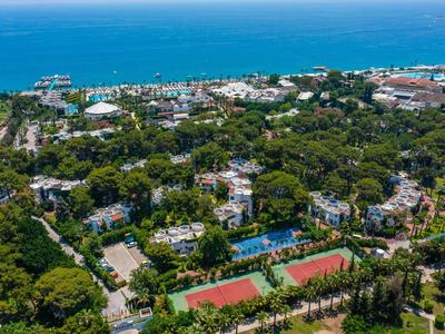 Veduta aerea di un'area costiera boscosa con campi da tennis e mare blu sullo sfondo.